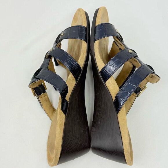Vionic RADIA Blue Patent Reptile Embossed Triple T Strap Slide Wedge Sandals - Picture 8 of 14